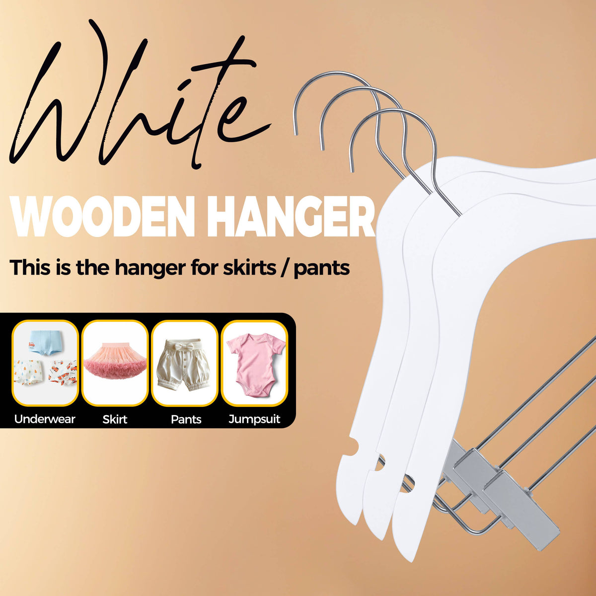 WSK73-WT – Kids Ultra-Slim Wooden Skirt & Pant Hanger with Clips – 12" – White