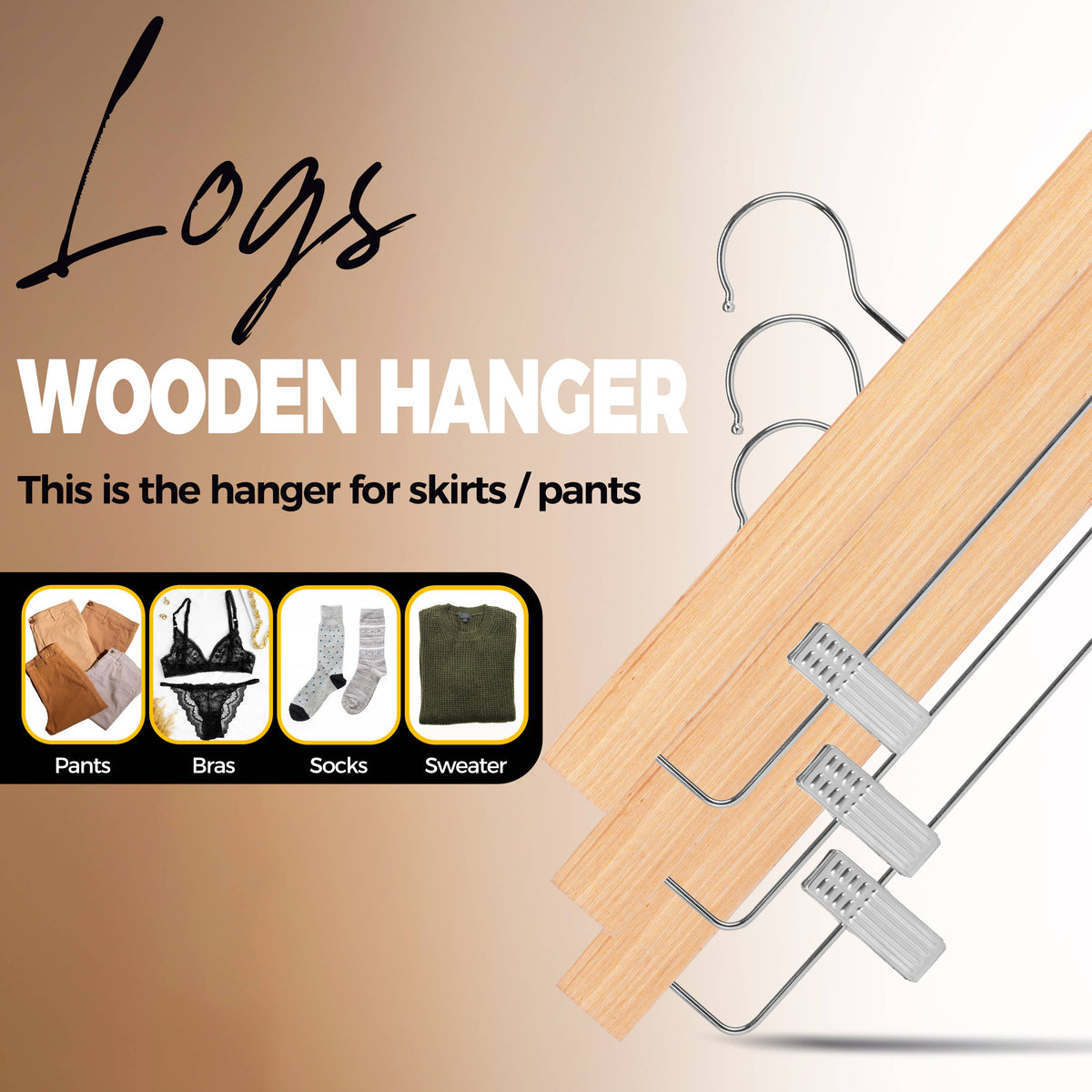 WLM24-NT – Slim Plywood Wooden Skirt & Pant Hanger with Clips – 14" – Natural