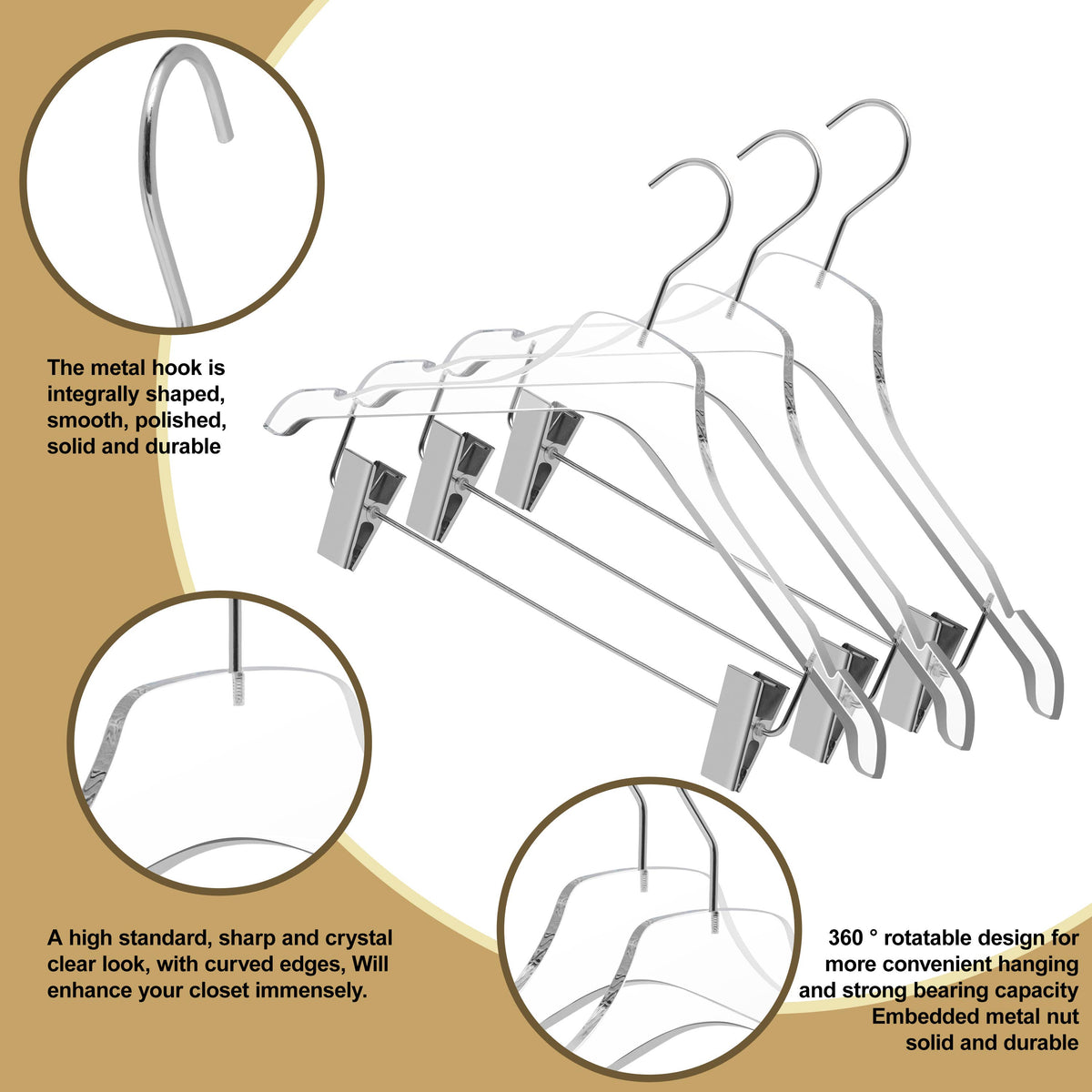 8012 – Clear Acrylic Skirt & Pant Hanger with Clips – 17" – Clear / Gold Hook