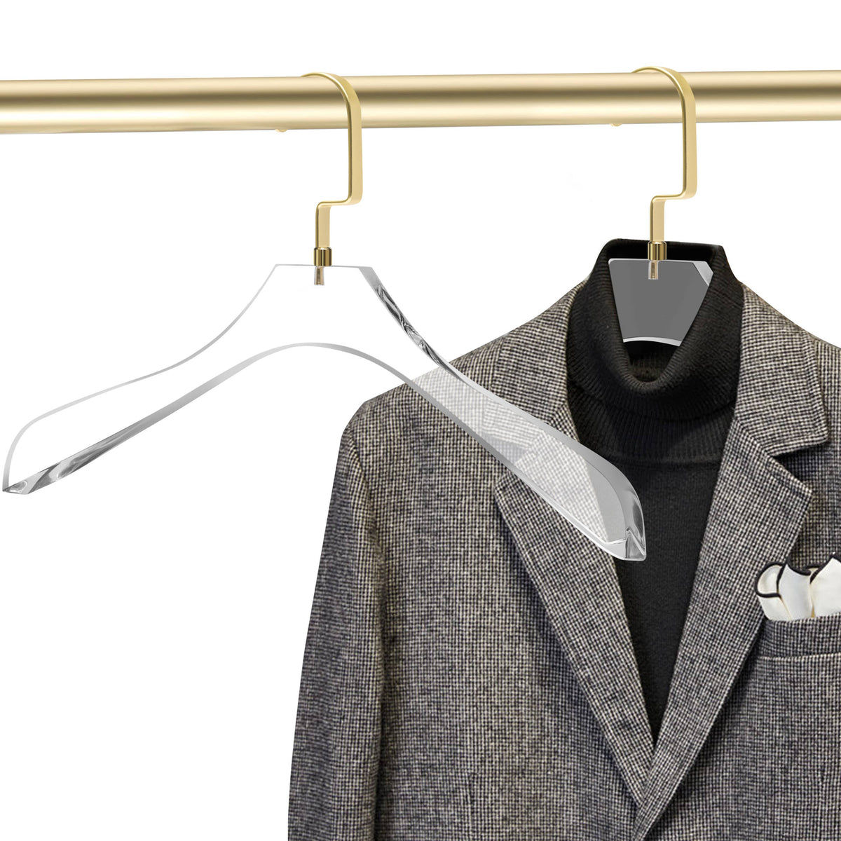 AC40-2-SL – Curved Clear Acrylic Coat & Suit Hanger with Wide Hook – 15.5" – Clear / Matte Silver Hook