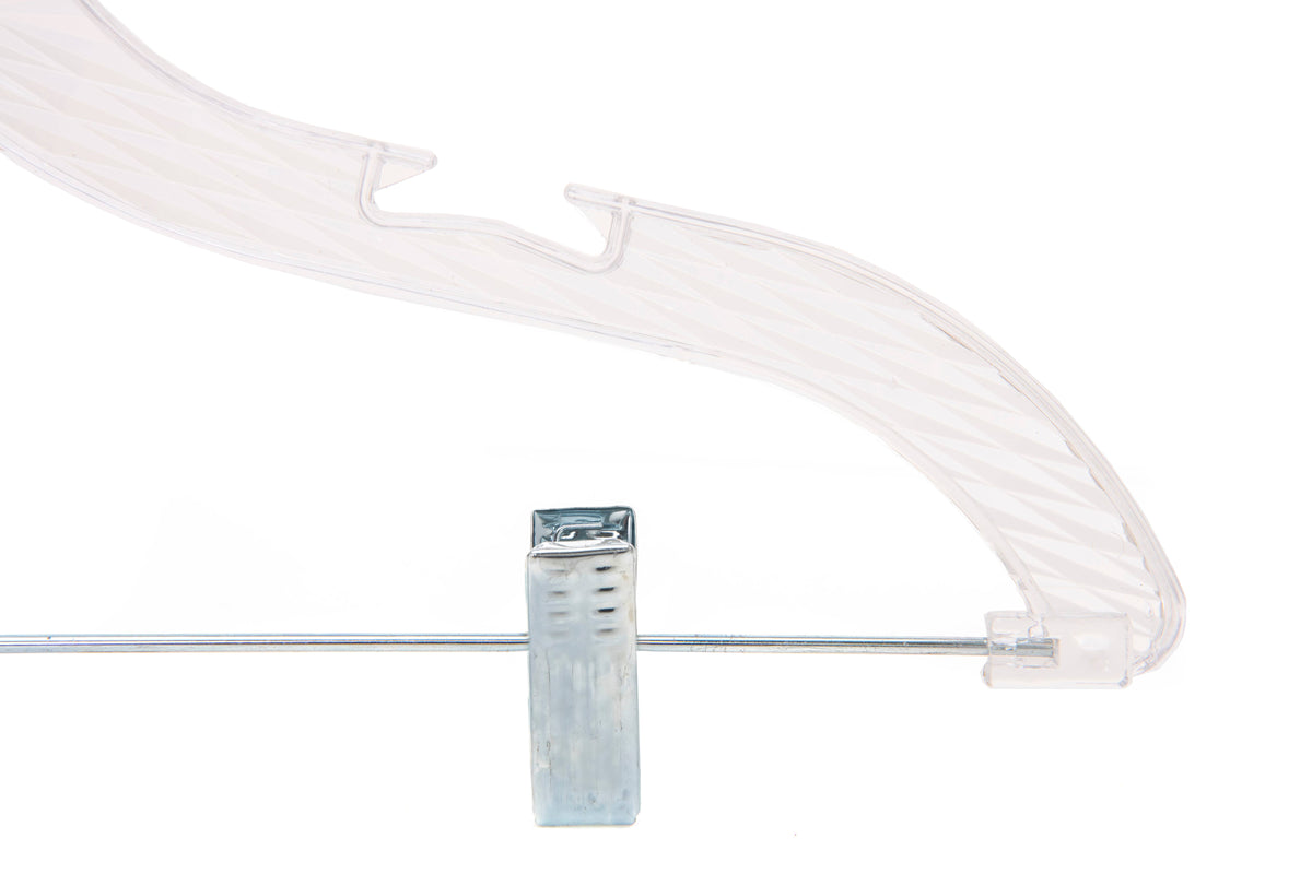 5502 – Crystal Clear Plastic Skirt & Pant Hanger with Clips – 17" – Clear