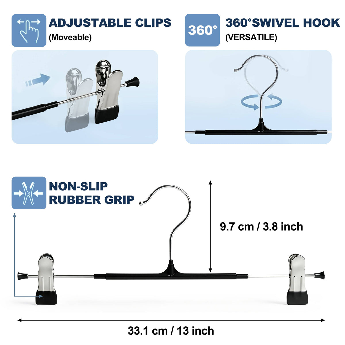 PVC32-BK – Non-Slip PVC-Coated Metal Skirt & Pant Hanger with Clips – 13" – Black