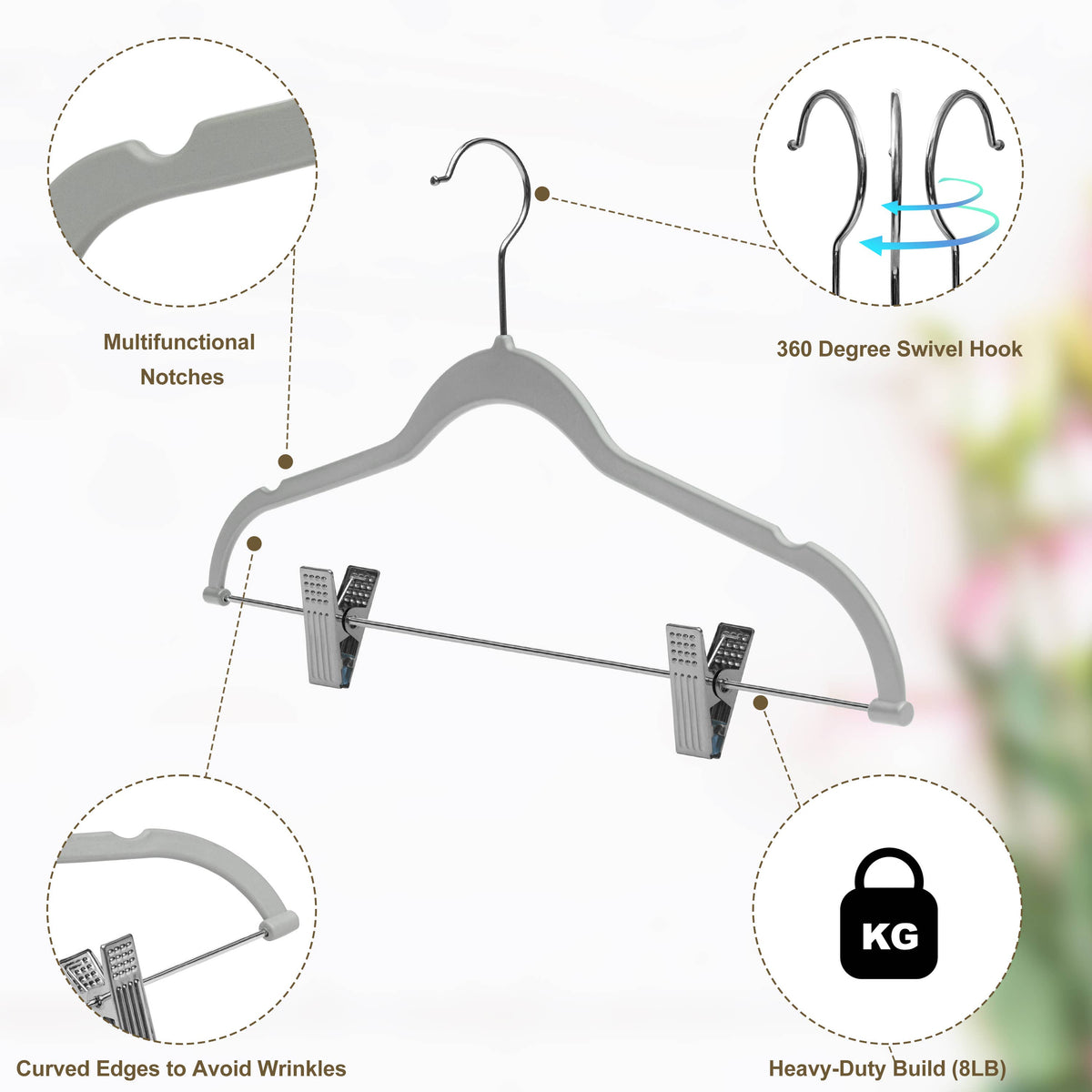 P412-GY – Slim ABS Plastic Skirt & Pant Hanger with Clips – 16.5" – Gray