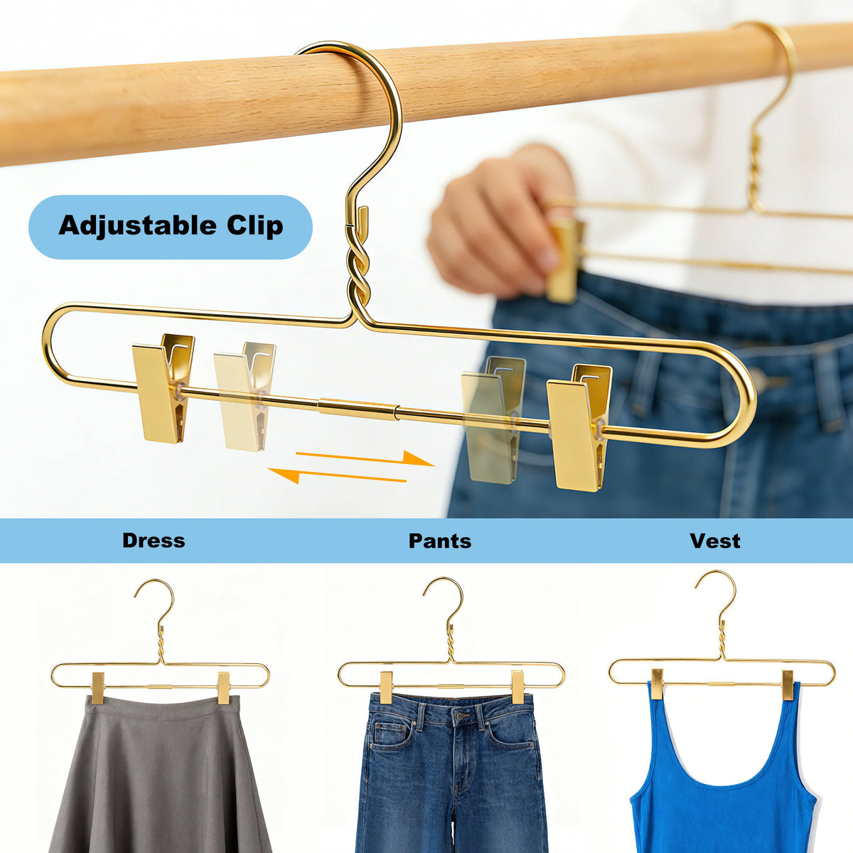 AL28 – Heavy-Duty Aluminum Skirt & Pant Hanger with Clips – 14" – Gold / Silver