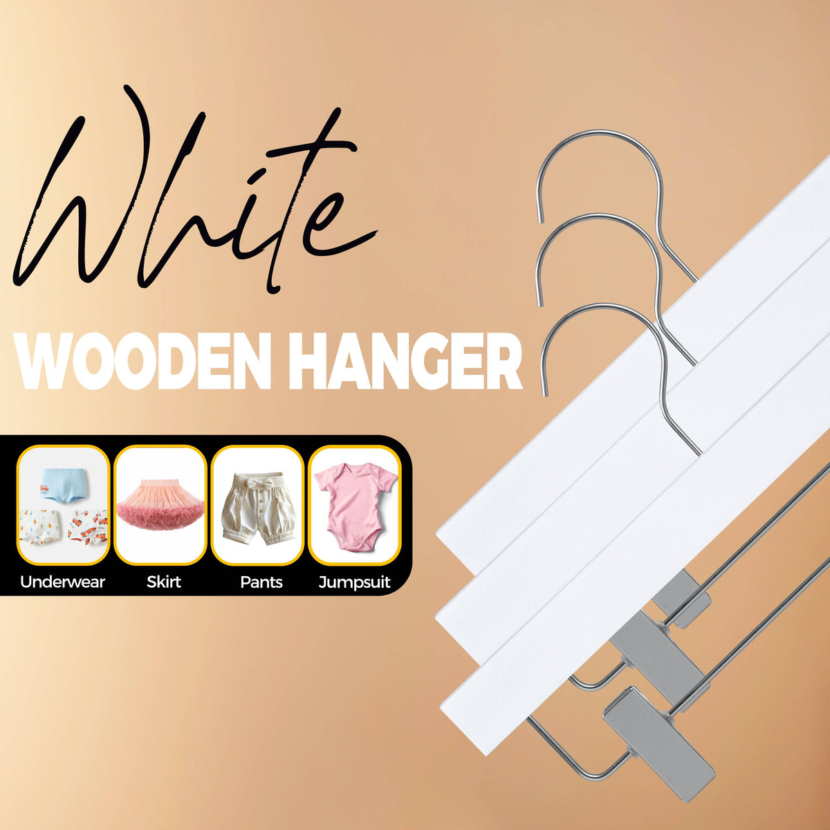 WSK72-WT – Kids Ultra-Slim Straight Wooden Skirt & Pant Hanger with Clips – 11" – White