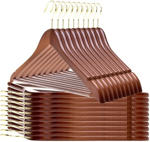 W010 - Semi Curved Wooden Suit Coat Hangers, 17.5" Walnut-Gold - 80 hangers