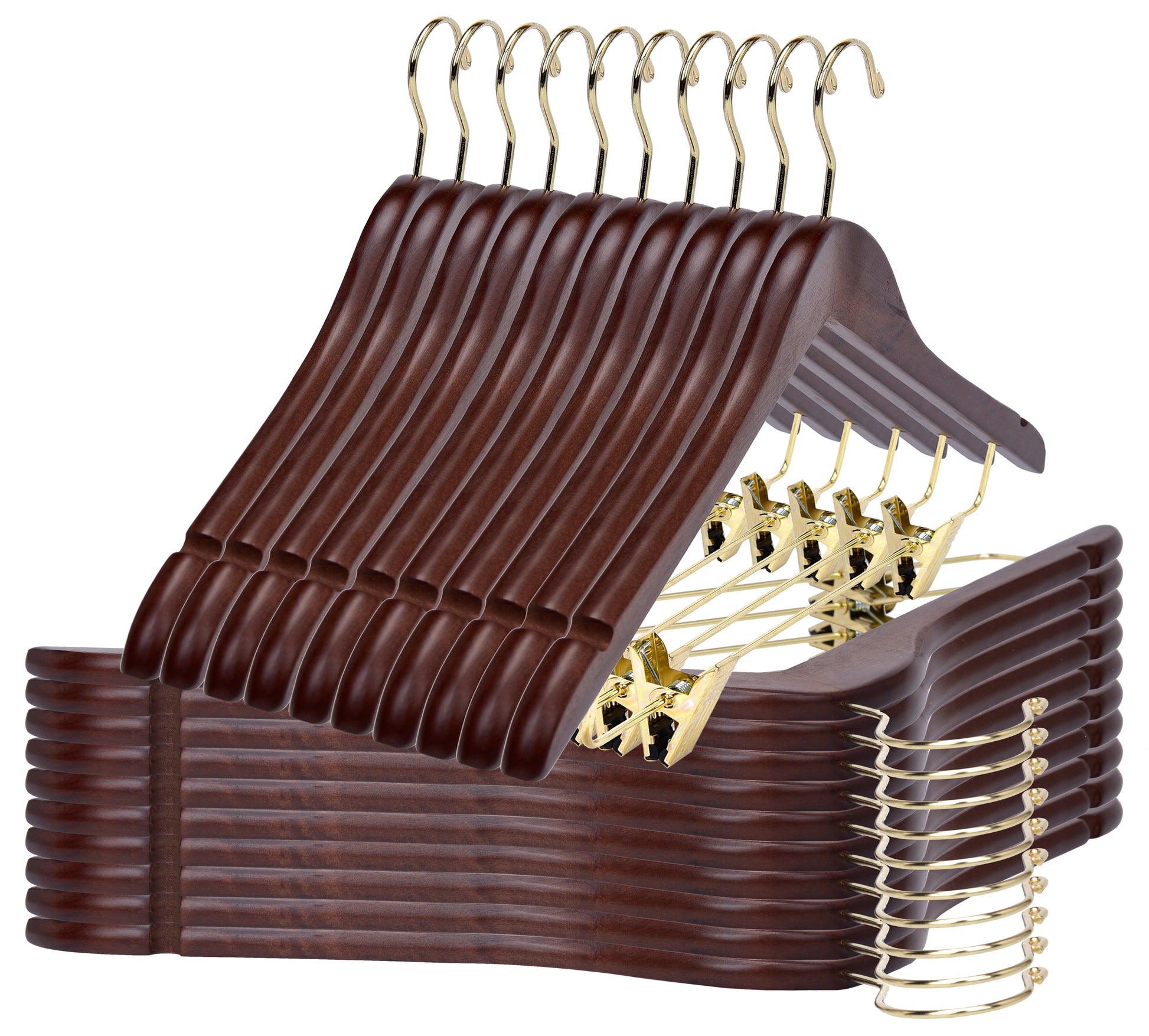 W012 - Wooden Skirt Hangers 17", Walnut with Gold hook - 80