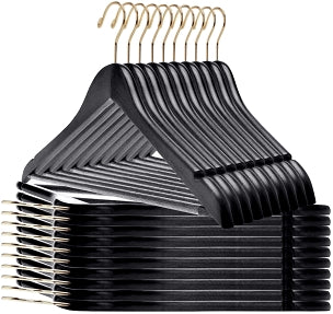 W070 - Semi Curved Wooden Hangers, 17.5" -Black/Gold Hook - 80